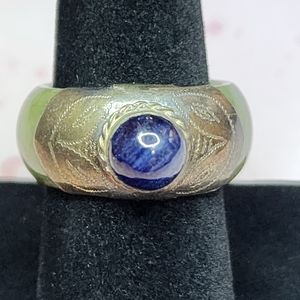 Burmese Jade, Sapphire, and Sterling Ring